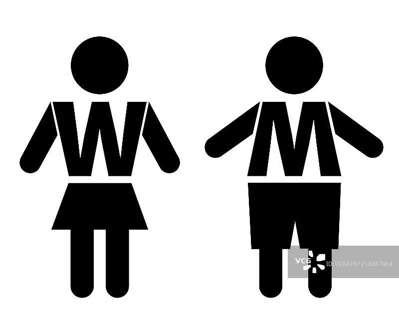 厕所厕所门标志。女孩和男孩。M W的迹象。男人和女人性别图标集。黑色轮廓象形图。女士和先生的数字。平面设计。孤立。白色背景。图片素材