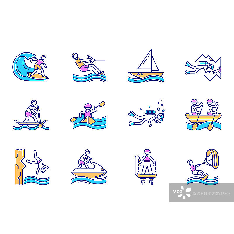 水上运动颜色图标集。洞穴潜水、风筝滑板、飞行滑板和水上摩托。悬崖跳跃和划桨冲浪。水上运动和极限运动。孤立的矢量插图图片素材
