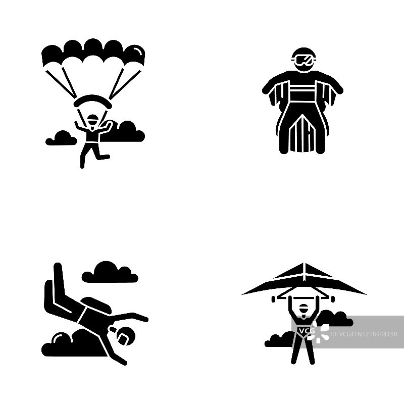 空气极限运动字形图标集。悬挂式滑翔，跳伞，翼服和滑翔伞。户外活动。肾上腺素娱乐和冒险娱乐。轮廓矢量孤立插图图片素材