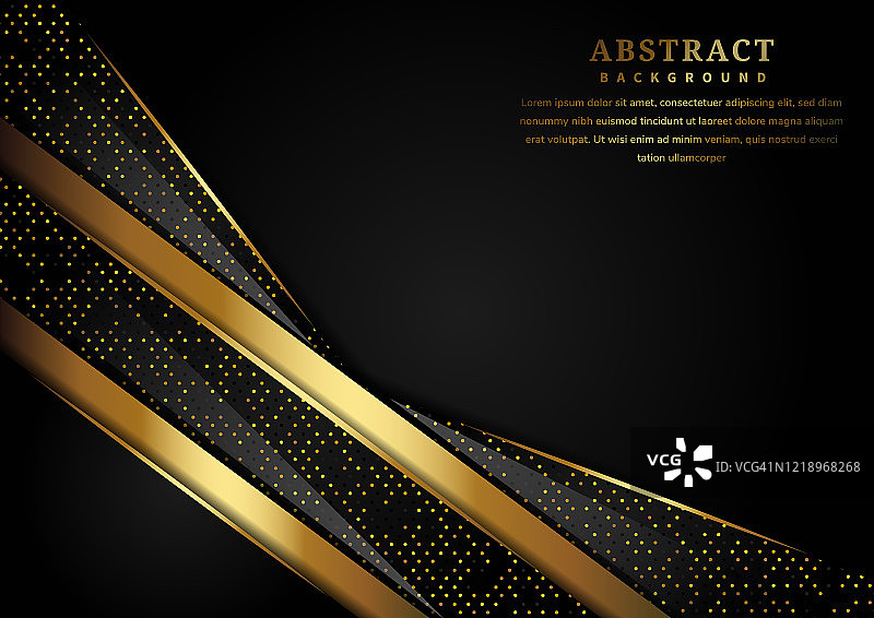 抽象豪华重叠层在黑色背景与闪光和金色线发光点金色组合。图片素材