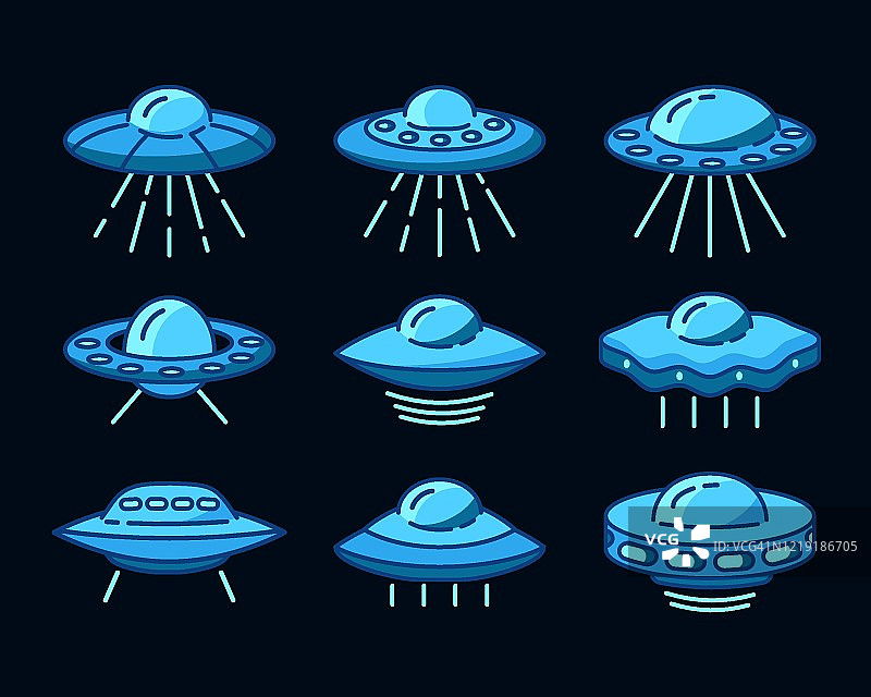 一套蓝色飞行Ufo图标孤立在黑色背景。外星人的宇宙飞船。未来未知飞行物。世界UFO日设计。宇宙飞船矢量插图。平的风格。图片素材