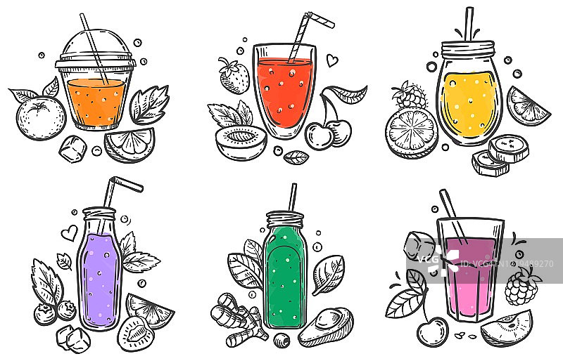 素描的冰沙。健康的超级食物，水果和浆果冰沙和自然水果切片手绘矢量插图集图片素材