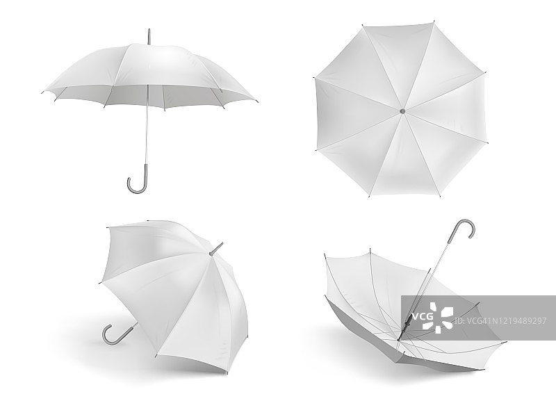 现实的白色伞模型。空白开布伞、室外天气防水伞矢量模板集图片素材