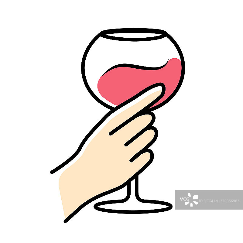 手握酒杯的颜色是玫瑰红的图标。一杯酒精饮料。葡萄酒的服务。玻璃器皿。庆典,晚会。的婚礼。品尝品尝。吐司。欢呼。孤立的矢量图图片素材