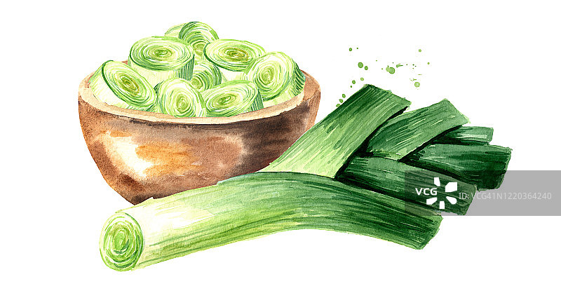 碗内放入切好的新鲜韭菜片。水彩手绘插图孤立的白色背景图片素材