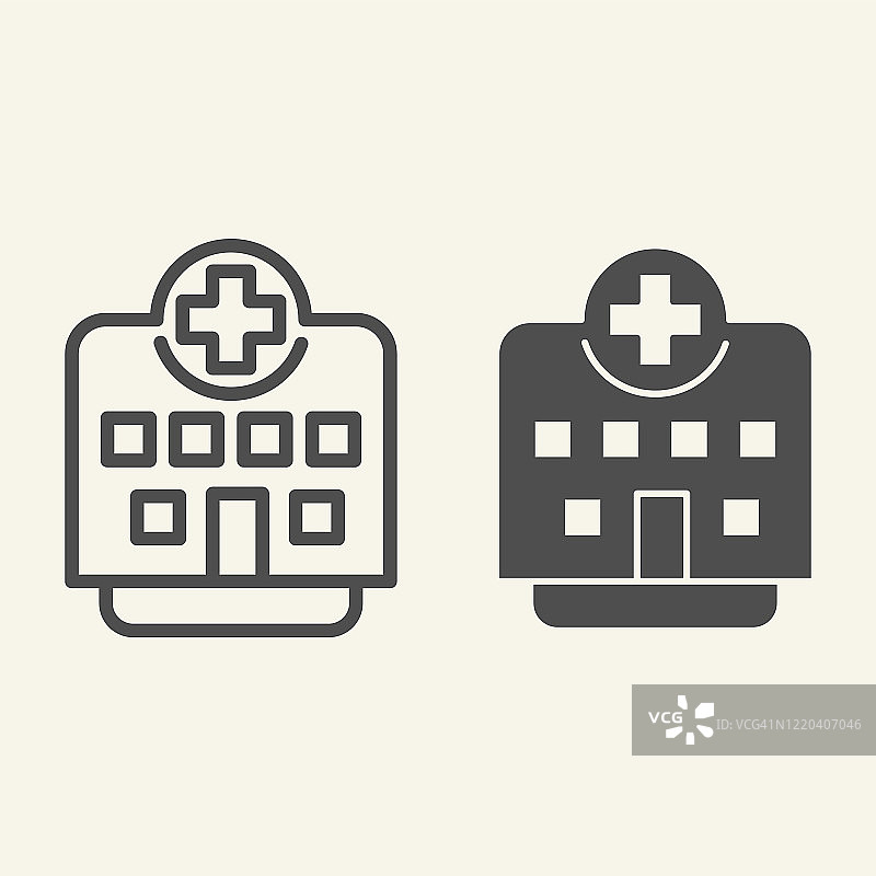 诊所线和实体图标。医院建筑轮廓式象形文字在白色背景上。医疗机构与交叉之上的移动概念和网页设计。矢量图形。图片素材