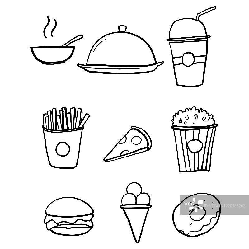 手绘的食物，饮料相关的矢量线图标。包含像披萨，薯条，鸡蛋，肉，寿司，汉堡，冰淇淋，甜甜圈，汤，三明治，鸡蛋涂鸦等图标图片素材