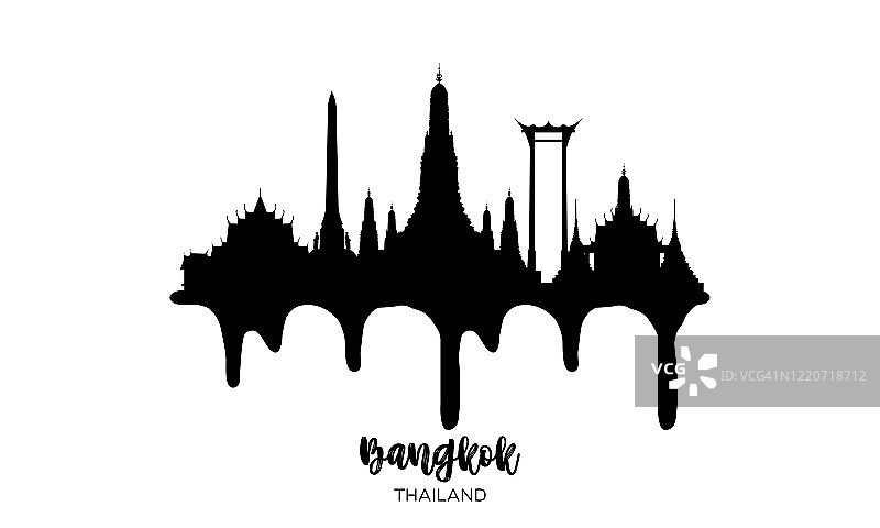 泰国曼谷黑色天际线轮廓矢量插图上的白色背景与滴墨效果。图片素材