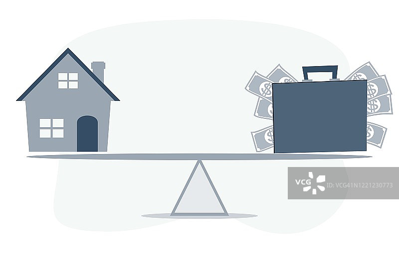 住房贷款市场。样品房和手提箱的跷跷板房地产概念图片素材