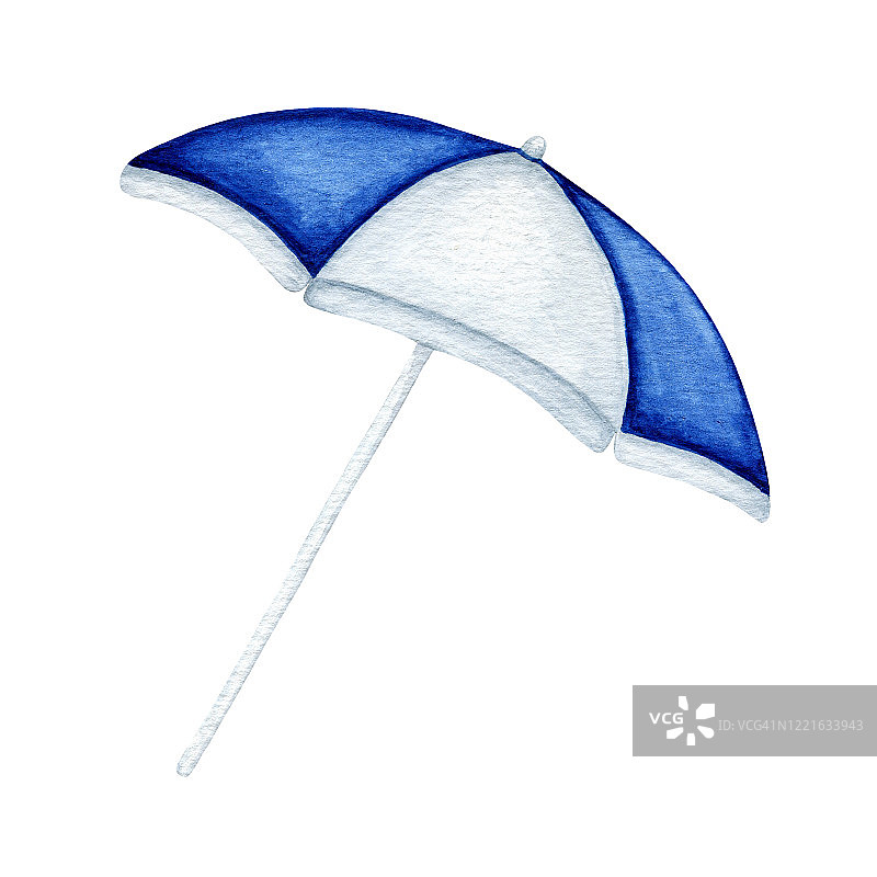 水彩蓝白打开太阳伞。夏日沙滩配饰，手绘元素设计图片素材