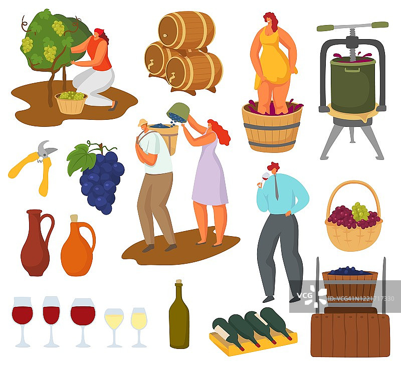 葡萄酒和酿酒矢量插图集，农民酿酒师ch图片素材
