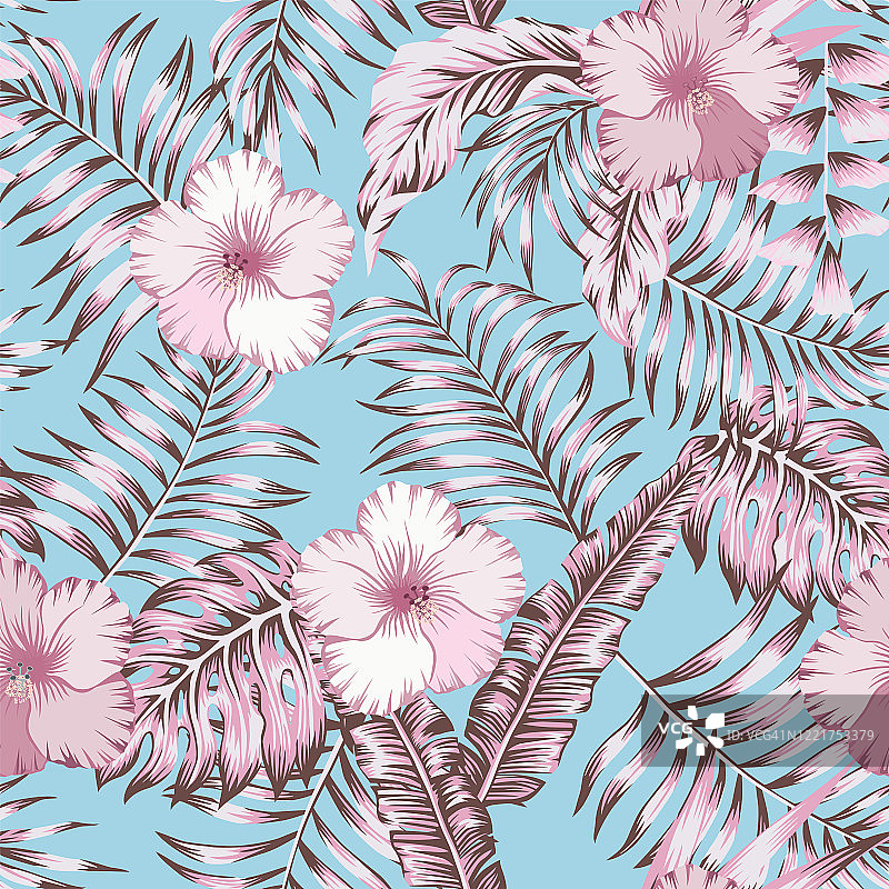 粉红色的热带叶子和芙蓉无缝蓝色背景图片素材