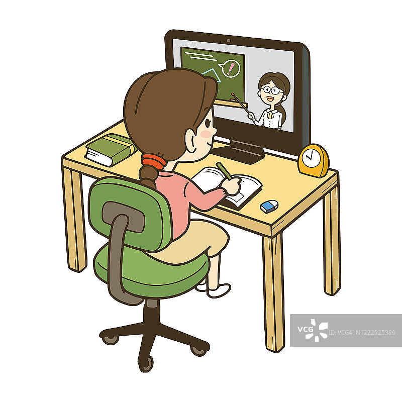一个女孩在电脑上上在线课程的插图。图片素材