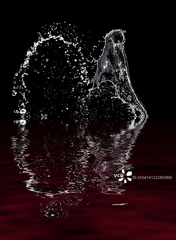 人物和抽象形式的水漂浮在空中，反映在水中的黑色背景。图片素材