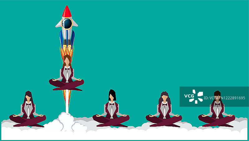 商业女性5人练习正念冥想与驱动火箭-不同的想法-不一样，冒险，在生活中取得成功。图片素材