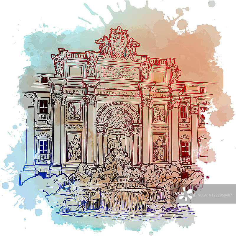 意大利罗马的特莱维喷泉。复古设计。水彩纹理背景上的线性草图图片素材