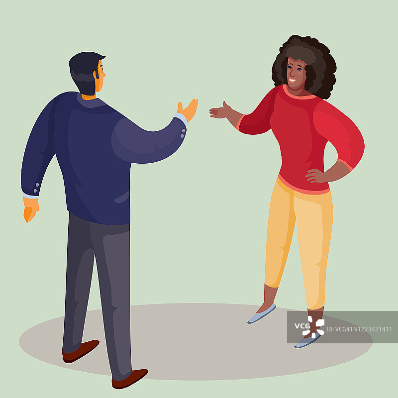一名身穿深色夹克的男子背对着一位非裔美国妇女伸出手来打招呼，一位穿着鲜艳裤子，深色散乱头发的妇女伸出手来回应，浅色背景，分层，矢量图图片素材