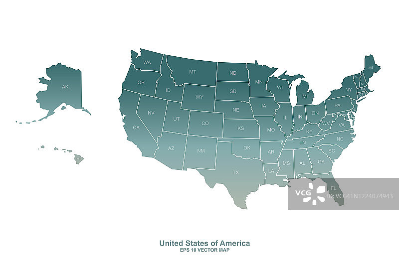 美利坚合众国矢量地图。美国各州边境地图。图片素材
