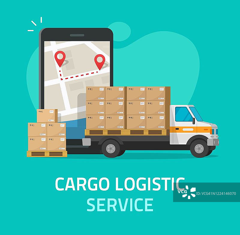 物流货物快递或货运服务运输通过手机或智能手机矢量，平运卡车汽车与仓库包裹包裹和手机城市地图跟踪图片素材