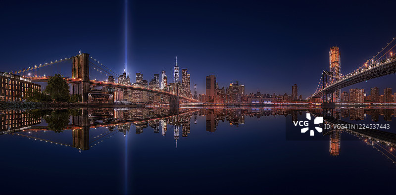纽约天际线与灯光致敬，布鲁克林桥和曼哈顿桥的夜晚图片素材