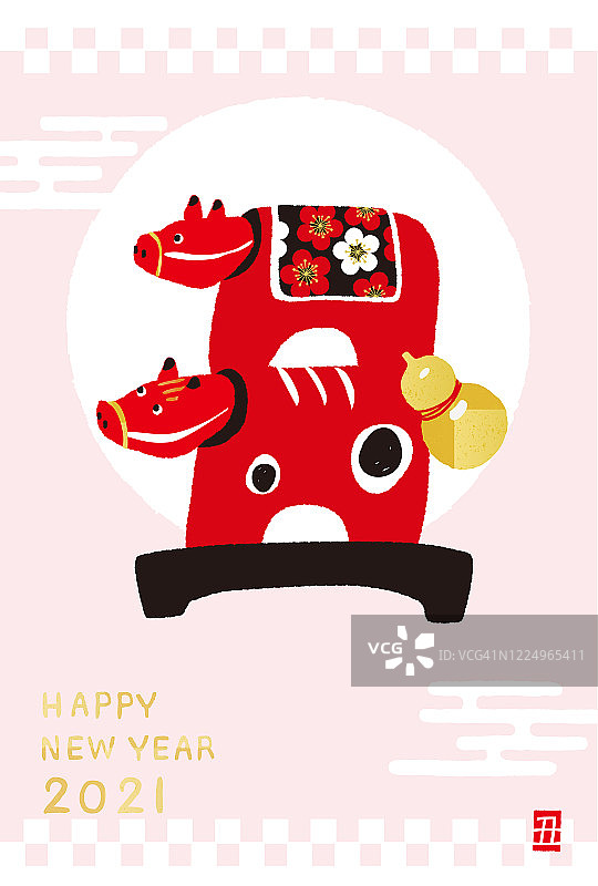 新年的Akabeko插图。福岛县红牛形状的玩具。2021年贺年卡。/日语翻译为“Ox”图片素材