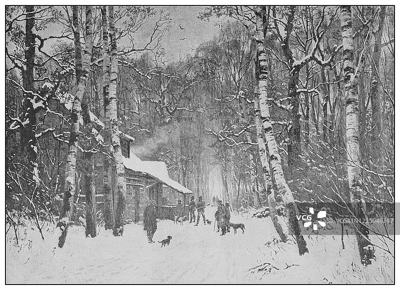 19世纪的古董名画:卡尔·马尔钦的冬季风景画图片素材