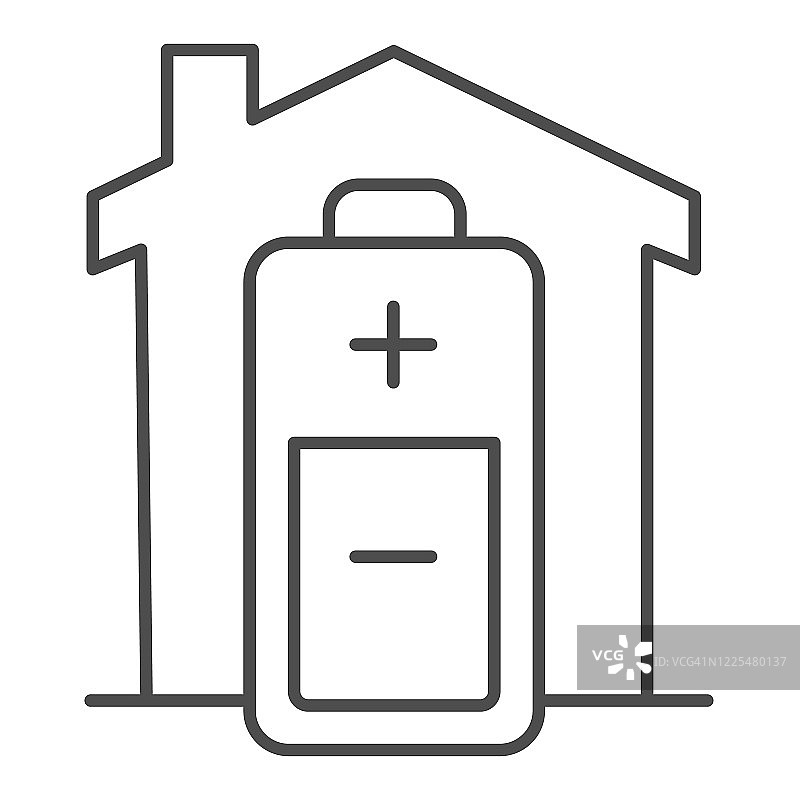 建筑和动力电池细线图标，智能家居符号，发电设施矢量标志在白色背景，智能自可持续家用电池电池充电图标。向量。图片素材