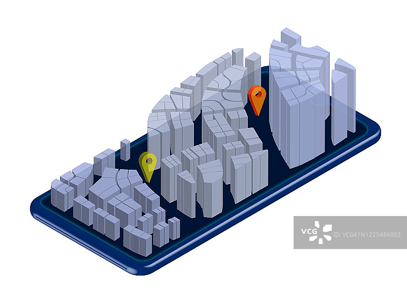 智能手机概念与城市投影屏幕。合理规划配送路线。城市的GPS导航系统。白色上的孤立向量图片素材