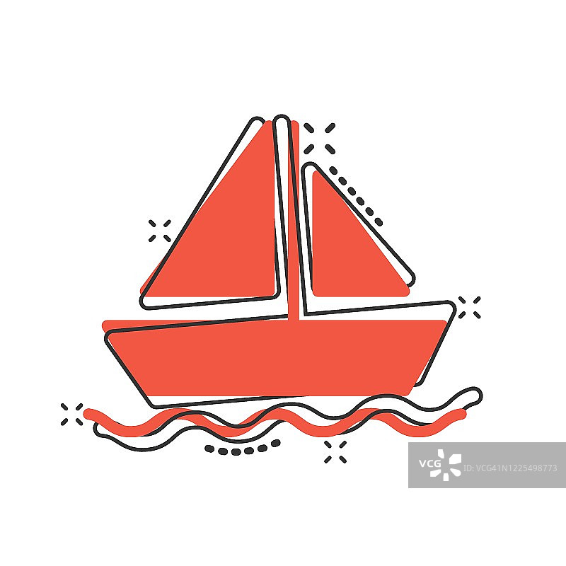 旅游船图标在漫画风格。渔船卡通矢量插图在白色孤立的背景。油船目的地飞溅效应经营理念。图片素材