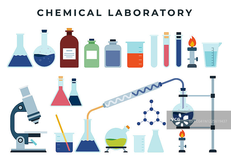 化学训练或研究实验室设备，一套扁平图标。烧瓶，酒精灯，试管，显微镜，试剂，烧杯，化学品。图片素材