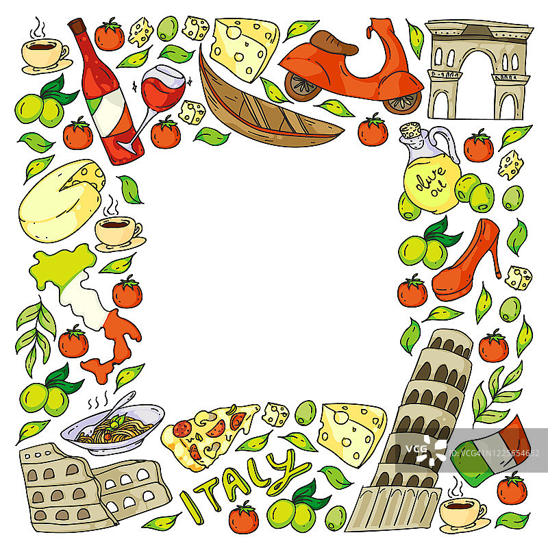 意大利矢量元素和图标。图案涂鸦有意大利文化，城市罗马，威尼斯，米兰，奶酪，葡萄酒。图片素材
