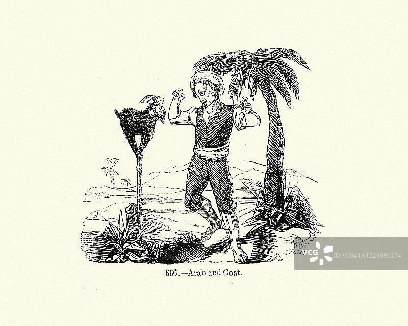 阿拉伯和他的杂技山羊站在一根竹竿上图片素材
