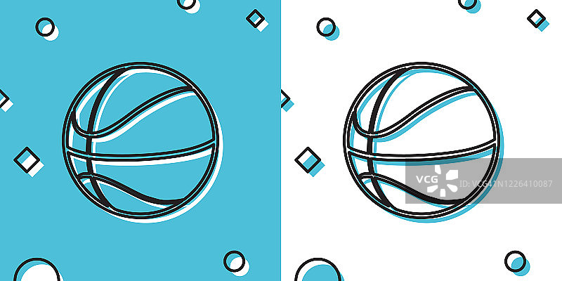 黑色篮球球图标孤立在蓝色和白色的背景。运动的象征。随机动态形状。矢量图图片素材