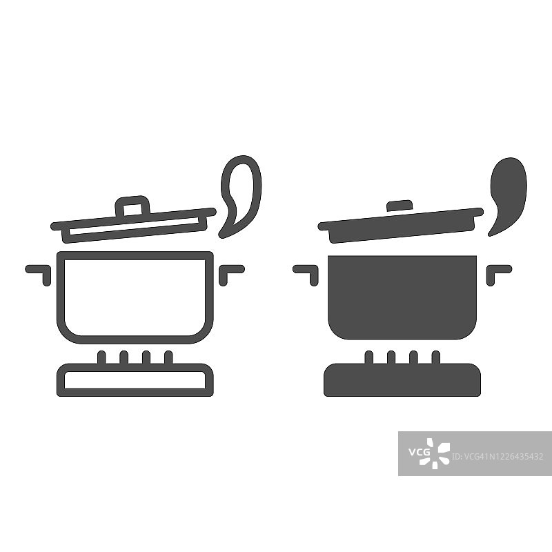 锅与蒸汽在煤气炉线和固体图标，烹饪概念，炖锅在火标志上的白色背景，沸腾的锅图标轮廓风格的移动概念和网页设计。矢量图形。图片素材