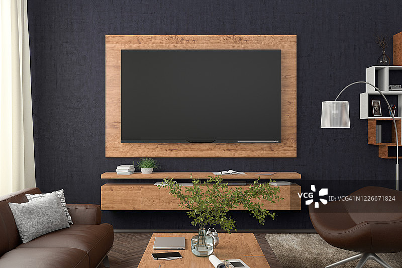 电视屏幕上的墙壁与木板上方的橱柜在现代客厅图片素材