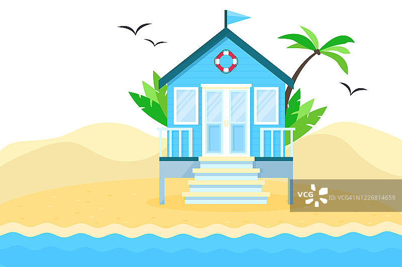 在海边景观上的海滩小屋的平坦矢量热带插图。在被热带植物和棕榈树包围的海滩小屋的暑期概念。横幅登陆页面，web，应用程序图片素材