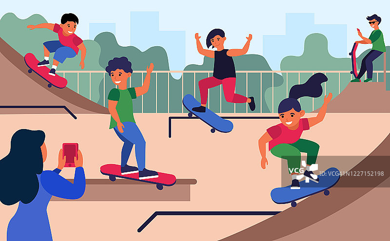 青少年在滑板公园平面矢量插图图片素材