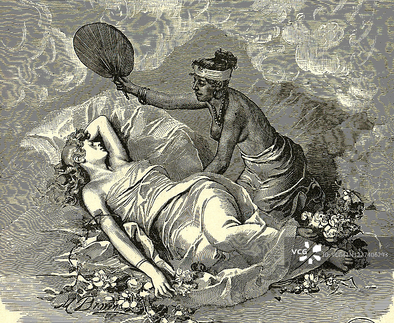 19世纪的年轻女子正在被仆人扇风图片素材