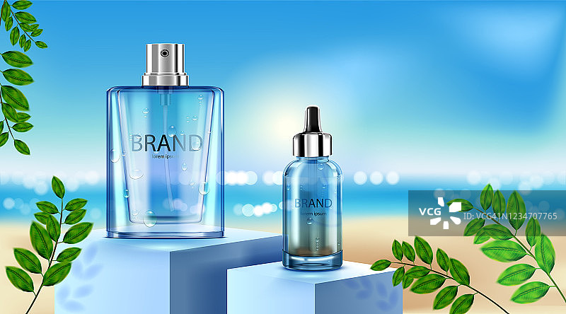 奢华化妆瓶包装护肤霜，美妆产品海报，玫瑰和海滩背景图片素材