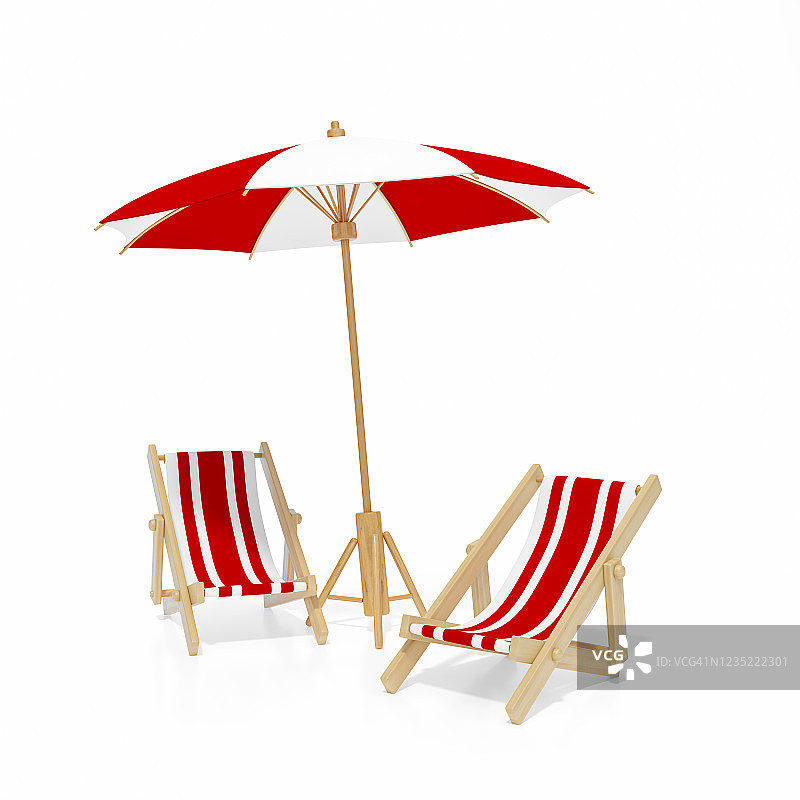 沙滩椅，甲板椅与红色和白色条纹孤立的白色背景3d渲染。太阳椅，带伞的木制沙滩躺椅。3d插图放松，假期夏天最小概念。图片素材