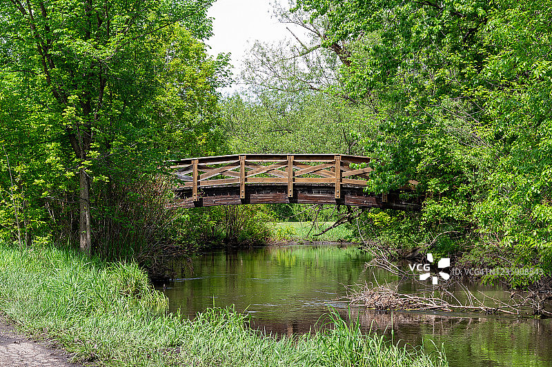 一条小河上的一座乡村木桥的风景图片素材