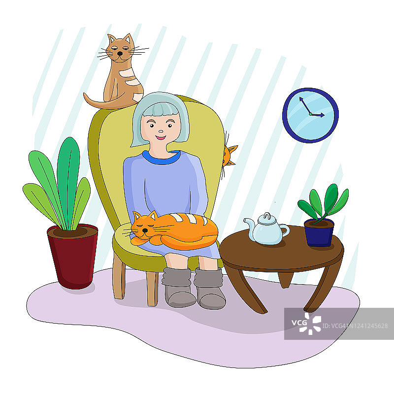 一个漂亮的女人坐在家里的扶手椅上，身边围着她的宠物，三只猫。是时候和好朋友一起喝茶了。找到一只猫。休息在家图片素材