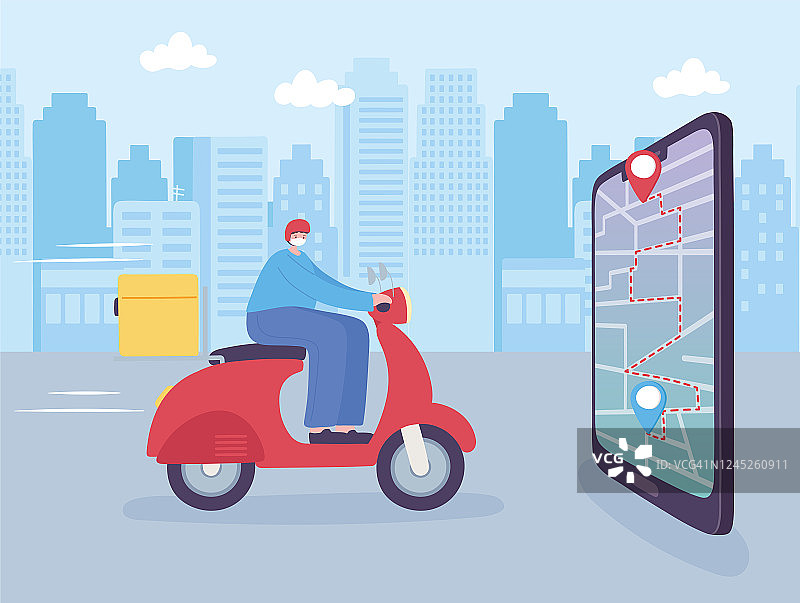 在线送货服务，人在摩托智能手机导航地图，快速免费运输，订购送货，app网站图片素材