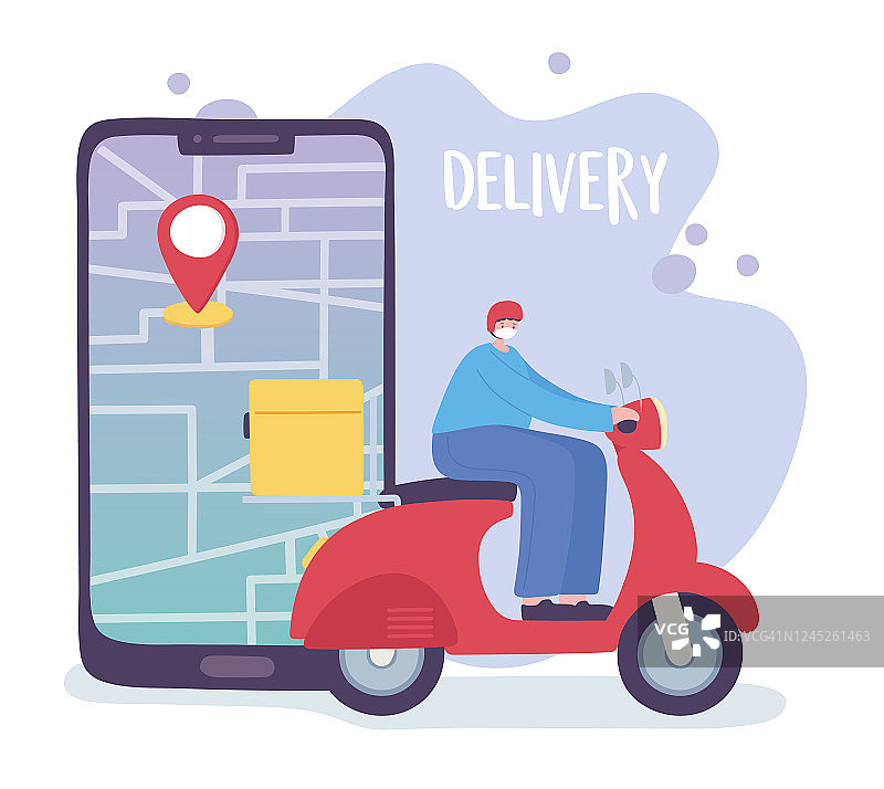 在线送货服务，人在助力车智能手机跟踪，快速免费运输，订购送货，应用网站图片素材