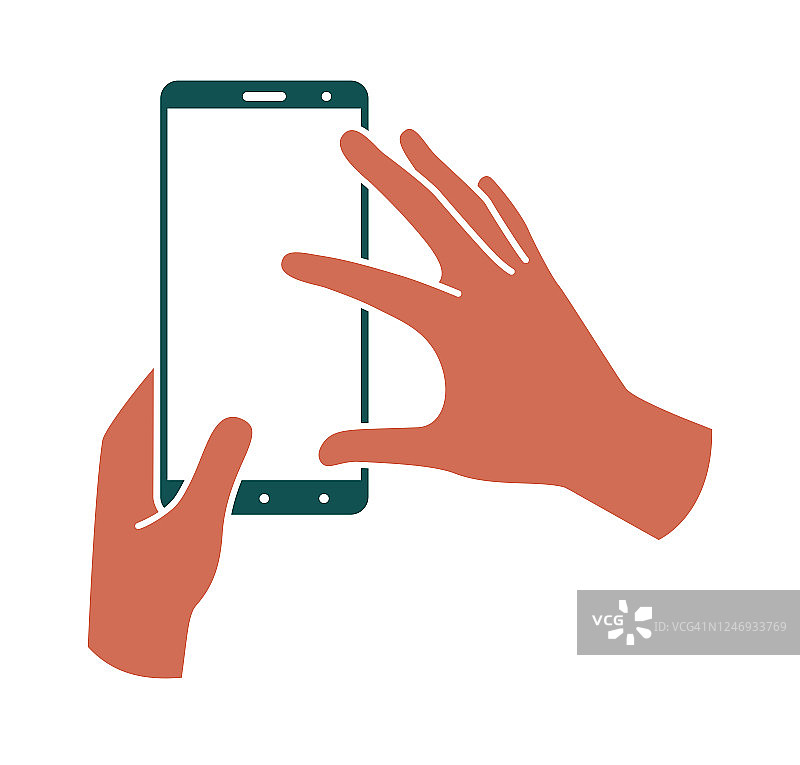 双手垂直握住智能手机，手指触摸屏幕。白色背景上的彩色插图。矢量线的图标图片素材