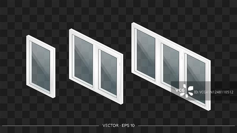 一套白色的金属塑料窗户与透明玻璃在3D。现代窗的写实风格。图片素材