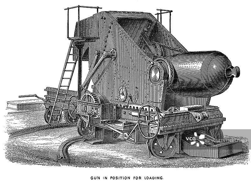 古老的刻有机枪的插图，蒙克莱夫炮架图片素材