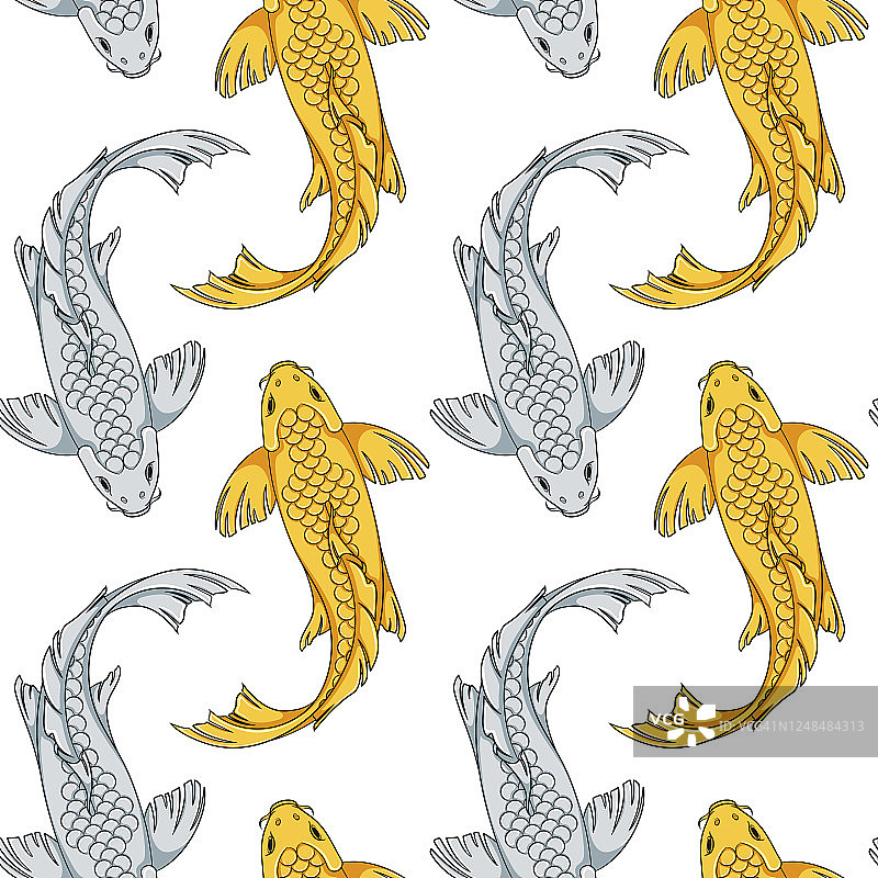 无缝图案的锦鲤和银鱼。彩色背景。图片素材