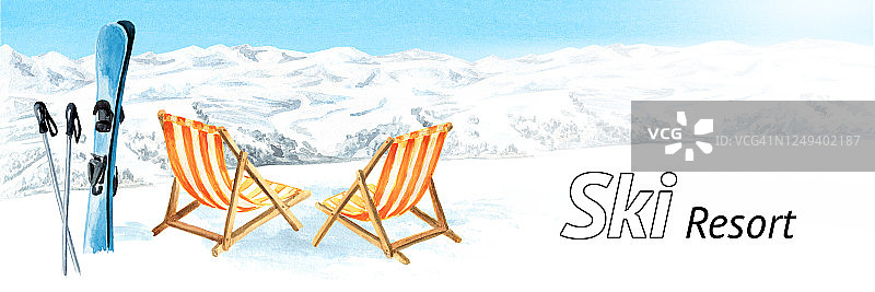 太阳床背山景观，冬季休闲度假的概念。手绘水彩插图和背景图片素材