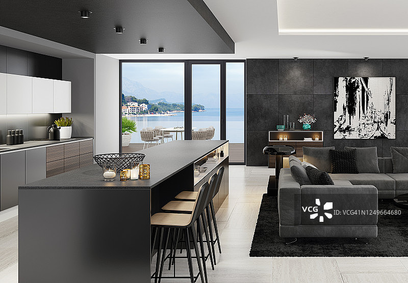 豪华的黑色室内客厅与现代极简主义意大利风格的开放式空间厨房与大长厨房岛。图片素材